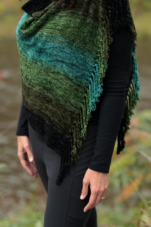 Rayon chenille poncho with twisted fringe